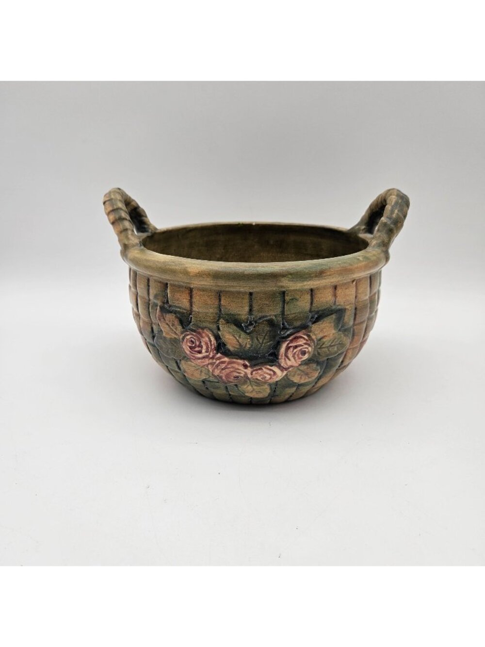 Vintage Weller Pottery Flemish Rose Tub Basket Planter With Handles